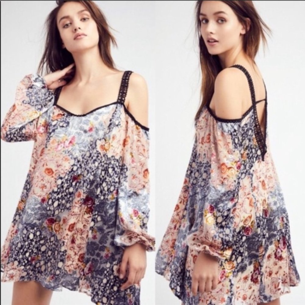 Free People Satin Silk Floral Cold Shoulder Dress